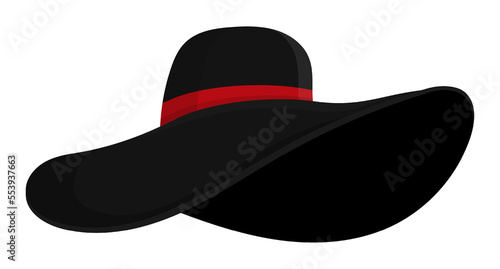 Round women hat with wide brim. Elegant black felt hat for formal occasions and social event. Vector isolated on white background