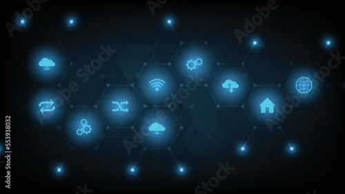 Technological background with flat icons and symbols. Concept and idea for the internet of things, communication, network, innovation technology, system integration. Vector illustration