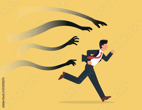 Anxiety,  afraid or negative feeling. frightened businessman running away