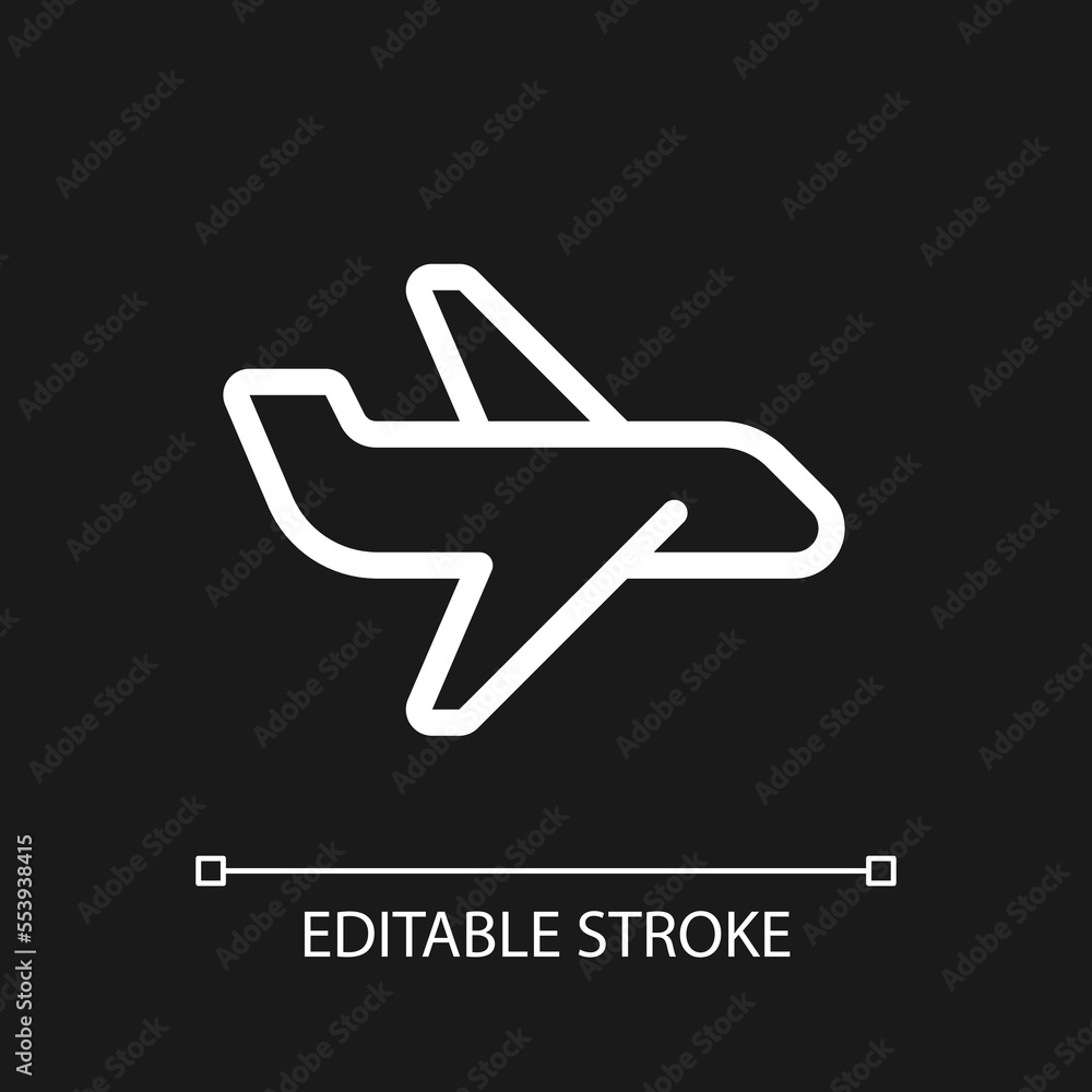 Airliner pixel perfect white linear ui icon for dark theme. Flight. Commercial airplane. Vector line pictogram. Isolated user interface symbol for night mode. Editable stroke. Arial font used