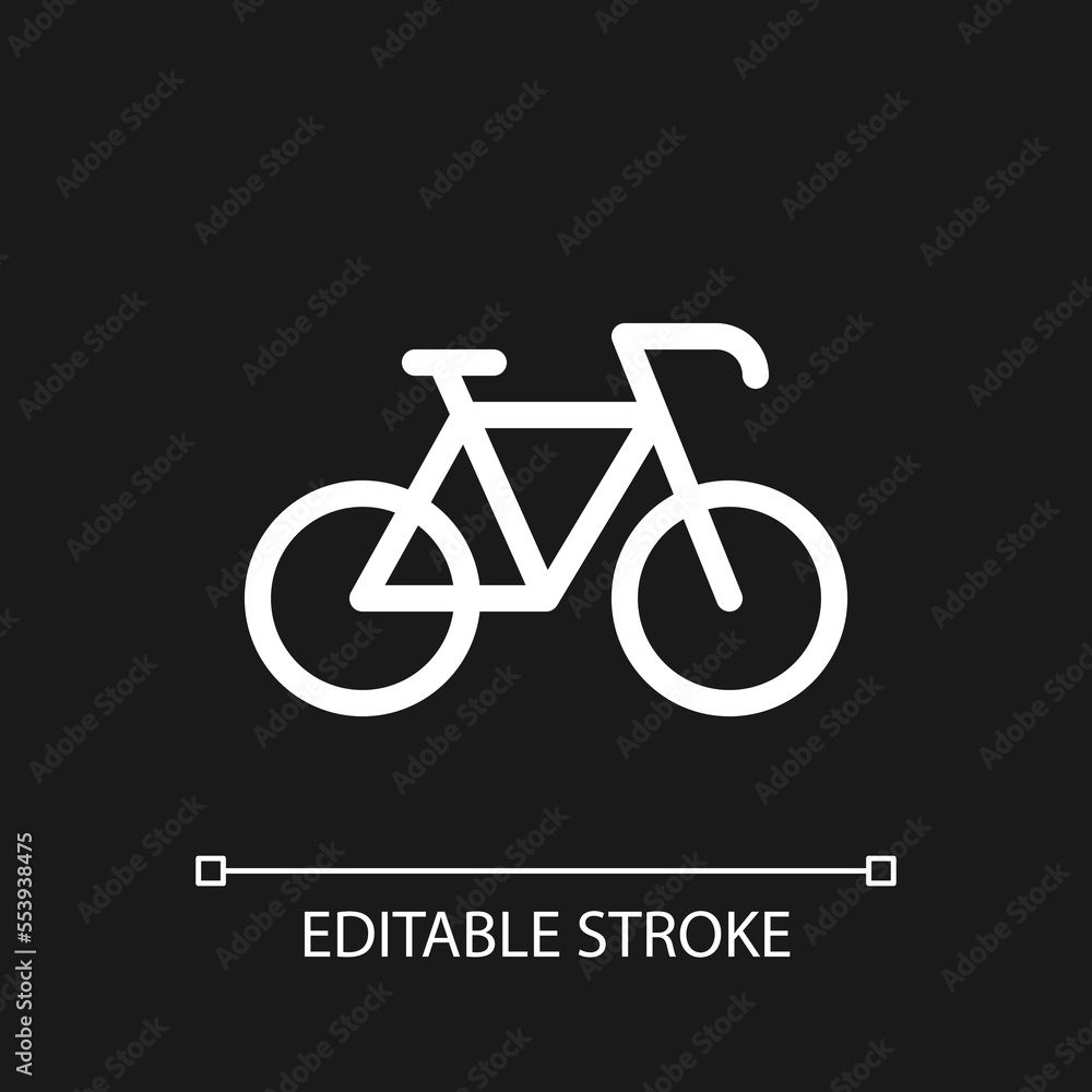 Bicycle pixel perfect white linear ui icon for dark theme. Riding bike. Rental service. Vector line pictogram. Isolated user interface symbol for night mode. Editable stroke. Arial font used Bicycle pixel perfect white linear ui icon for dark theme. Riding bike. Rental service. Vector line pictogram. Isolated user interface symbol for night mode. Editable stroke. Arial font used