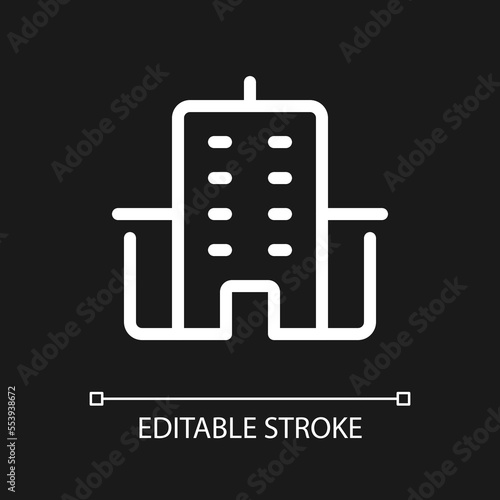 Office building location pixel perfect white linear ui icon for dark theme. Workspace. Vector line pictogram. Isolated user interface symbol for night mode. Editable stroke. Arial font used