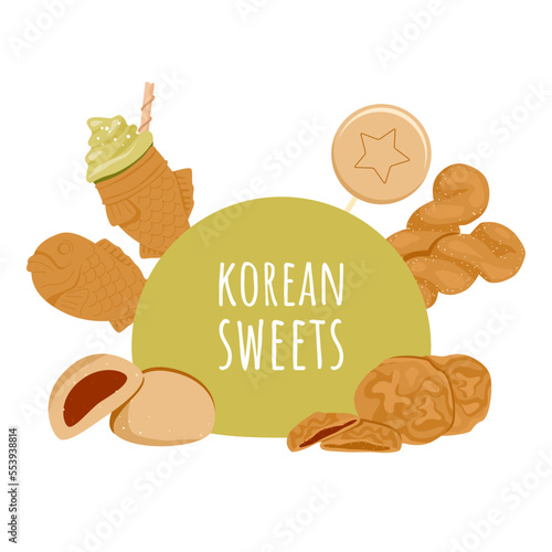 Korean sweets bun shaped border. Asian street food festival frame banner. Steamed buns, fish shaped pastry, dalgona candy, twisted doughnuts, pancakes creative design. Vector illustration.