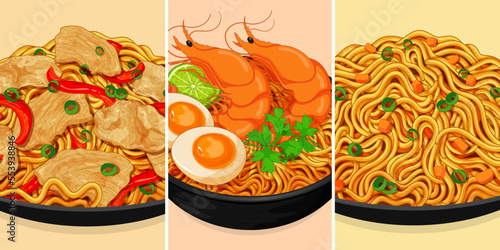 Famous asian food noodle set menu banner illustration vector. Chinese stir fry noodles with shrimp prawn beef pork and chicken menu close up. Japanese stir fry noodles with yakisoba.
