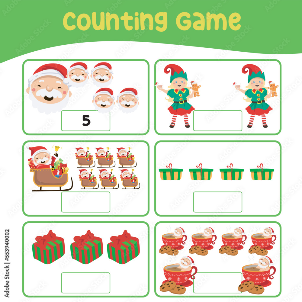 Counting the image and writing activity the number. Fun educational worksheet for kids. Printable mathematics page for preschool activity. Kawaii Christmas character and items. Cute cartoon file.