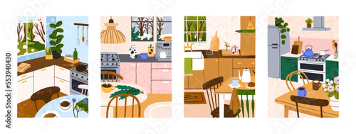 Cozy home kitchen interiors set. Modern comfortable dining rooms with table, chair, wood furniture, stove, window, coffee cups, food, flowers, cosy homey trendy details. Flat vector illustrations