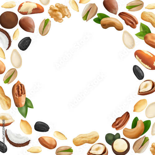 nuts are laid out in a circle with space for text in the middle. nuts on a white background
