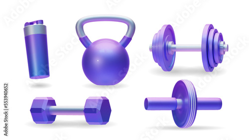Realistic sports and fitness equipment. Kettlebell, dumbbell, ab roller and shaker.