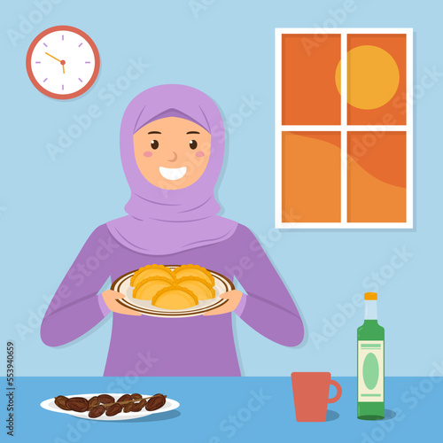 Happiness Muslim woman holding homemade Indonesian pastel cake for Iftar time of Ramadan vector illustration