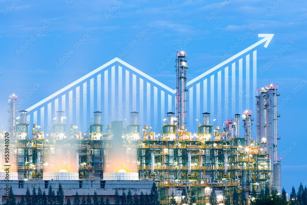 Power plant, gas fired power station. Include increasing bar chart