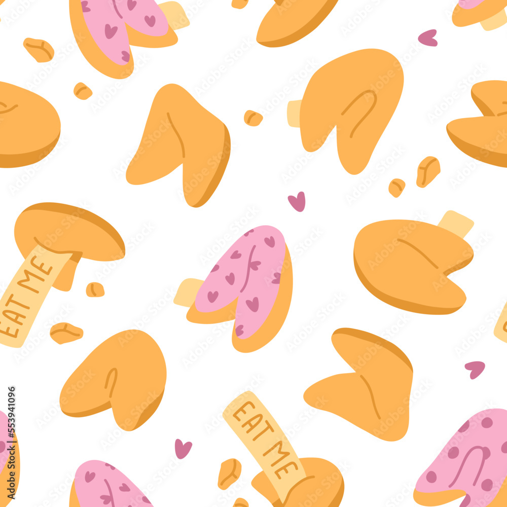 Vector seamless pattern illustration of cute  doodle asian food fortune cookies