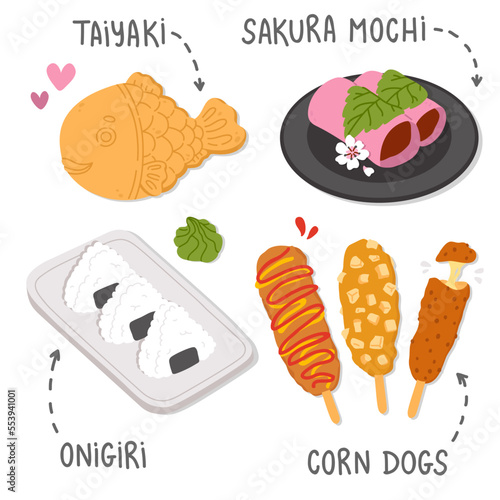 Vector illustration set of cute  doodle asian food sakura mochi,taiyaki,corn dogs,onigiri  for print ,design, greeting card,sticker,icon