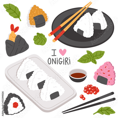 Vector illustration set of cute  doodle asian food onigiri for print ,design, greeting card,sticker,icon