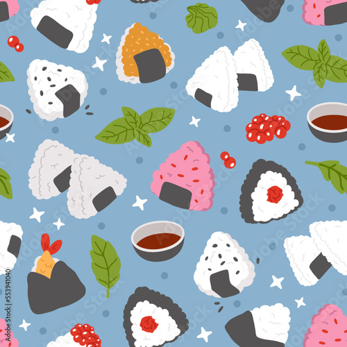 Vector seamless pattern illustration of cute  doodle asian food onigiri