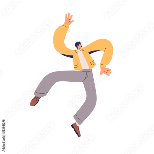 Happy active energetic person with positive energy. Excited laughing man jumping from joy, fun, good mood. Young character floating, rejoicing. Flat vector illustration isolated on white background