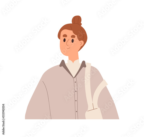 Woman in casual clothes, hair bun. Smiling girl in modern ordinary apparel, shoulder bag. Young female character in relaxed neutral outfit. Flat vector illustration isolated on white background