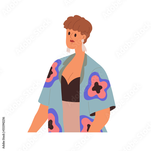 Young woman, neutral unemotional straight face expression. Emotionless serious girl, wearing short hair and earrings. Female character portrait. Flat vector illustration isolated on white background