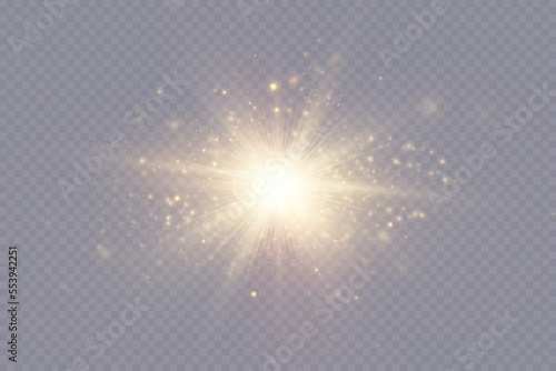 Light effect. Golden bright star, yellow sun. Starlight.