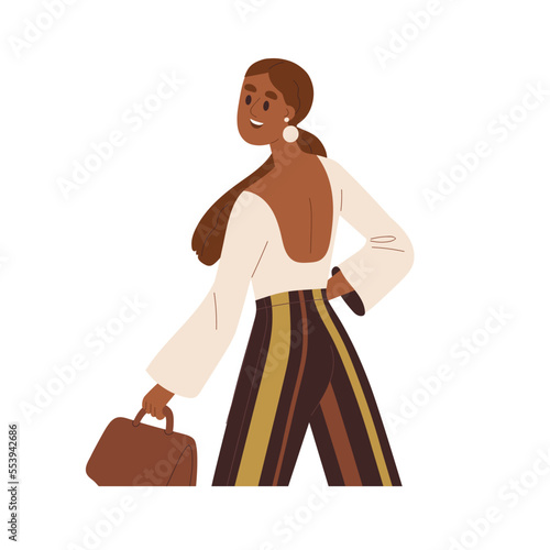 Young modern woman in fashion casual clothes with open back. Trendy girl going, smiling. Female wearing stylish outfit, apparel, bag. Flat graphic vector illustration isolated on white background
