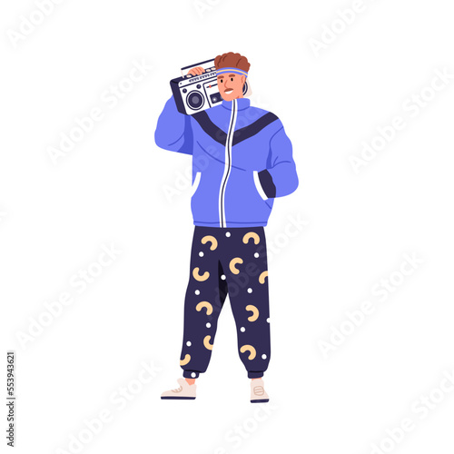 Man in 80s fashion clothes, holding retro boombox on shoulder. Happy person wearing 1980s apparel, listening to disco music of eighties 80's. Flat vector illustration isolated on white background