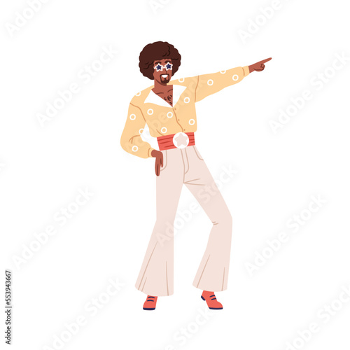 Fashion black man dancing at 80s retro discotheque. African dancer at 1980s disco party. Funky character in eighties style outfit, sunglasses. Flat vector illustration isolated on white background