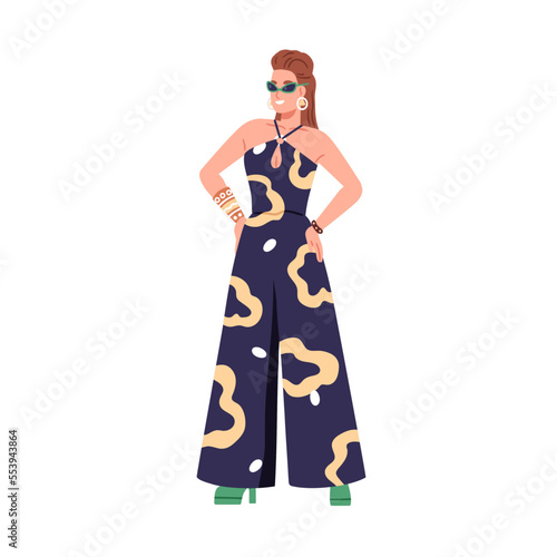 Woman in 80s clothes, fashion outfit. Girl of eighties, 1980s, wearing retro style apparel, heels, funky sunglasses. Female character of 1980. Flat vector illustration isolated on white background