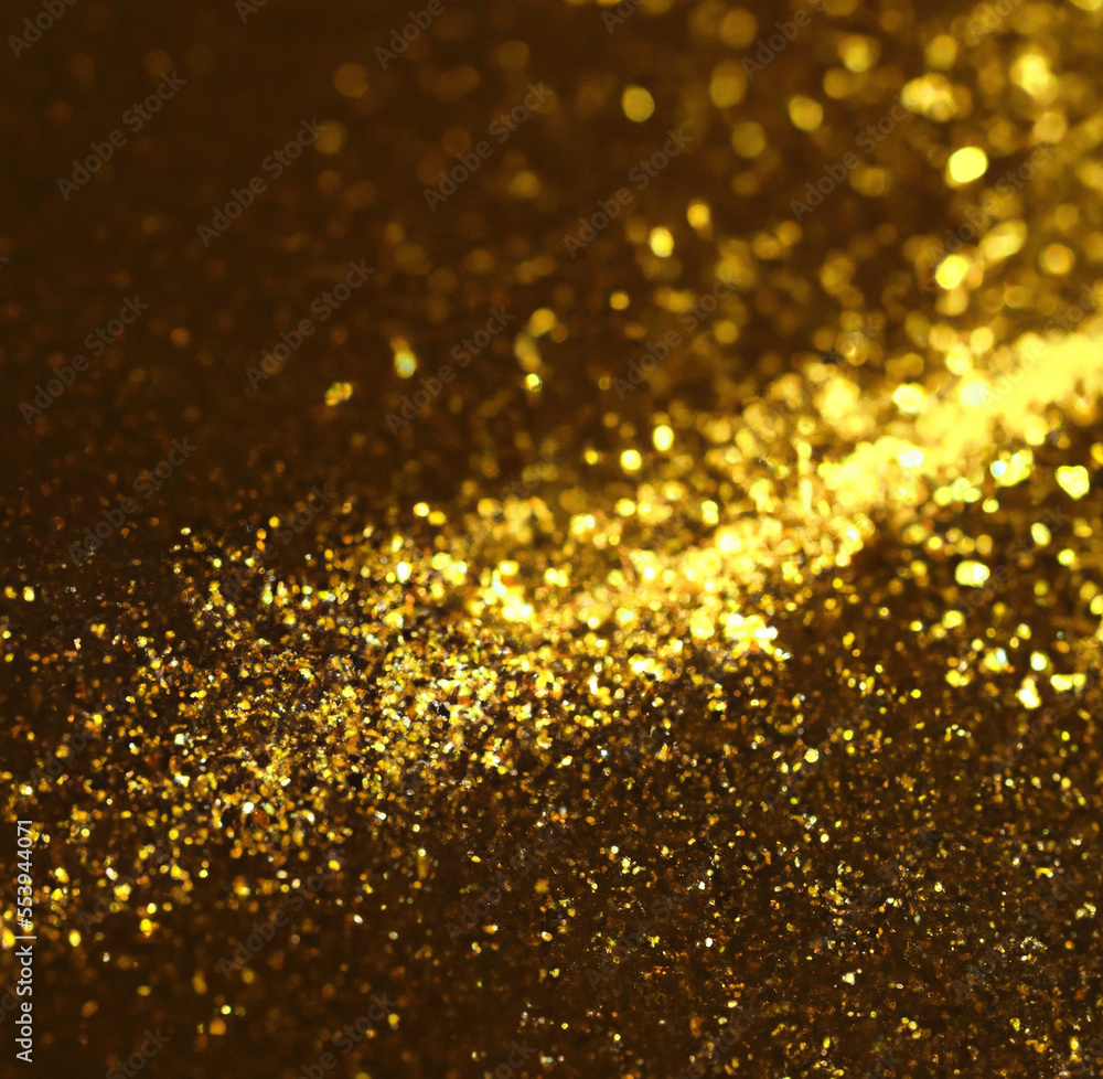 Close up of gold glitter particles background with copy space created using Generative AI technology