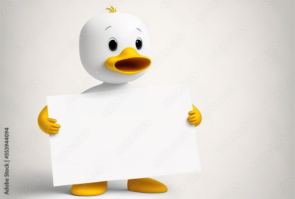 White backdrop with a cute yellow cartoon duck person figure mascot and ...