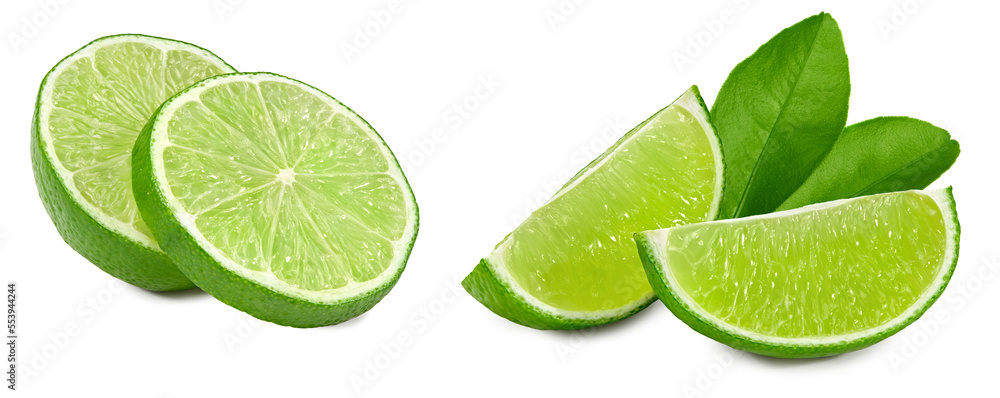 cut of green lime with leaves isolated on white background. clipping path
