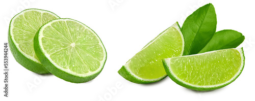 cut of green lime with leaves isolated on white background. clipping path