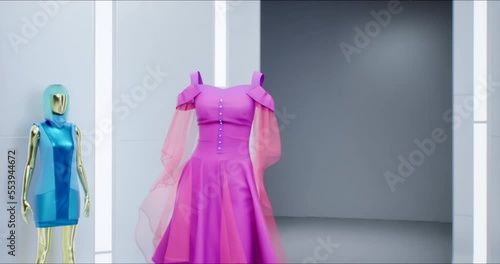 3D Fashion Show: Invisible Virtual Model Walking by the Metaverse Podum. Fashionable Pink Dress. Meetings in Virtual Space, Artificial World. Concept of Gamification and Realization of NFT Products photo