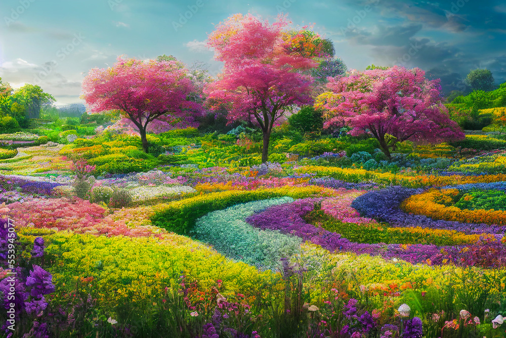 magical garden landscape with flowers and colorful trees, generative ai art illustration	
