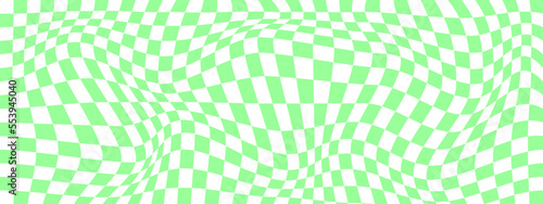Distorted checkered pattern with green and white squares. Psychedelic chessboard background. Odd optical illusion. Trippy checkerboard texture