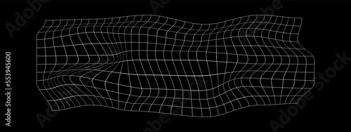 Distorted whiye horizontal grid on black background. Warped mesh texture. Curvatured net. Checkered pattern deformation. Bented lattice surface
