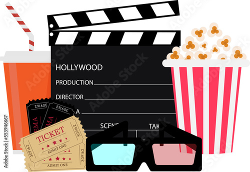 Vector illustration on the theme of the cinema. Ticket, popcorn, soda, glasses. photo