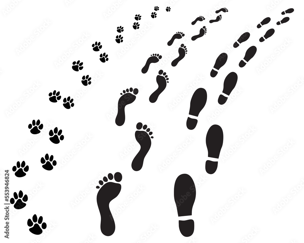 Footprints of man and dog, turning right or left, illustration on a white background Footprints of man and dog, turning right or left, illustration on a white background
