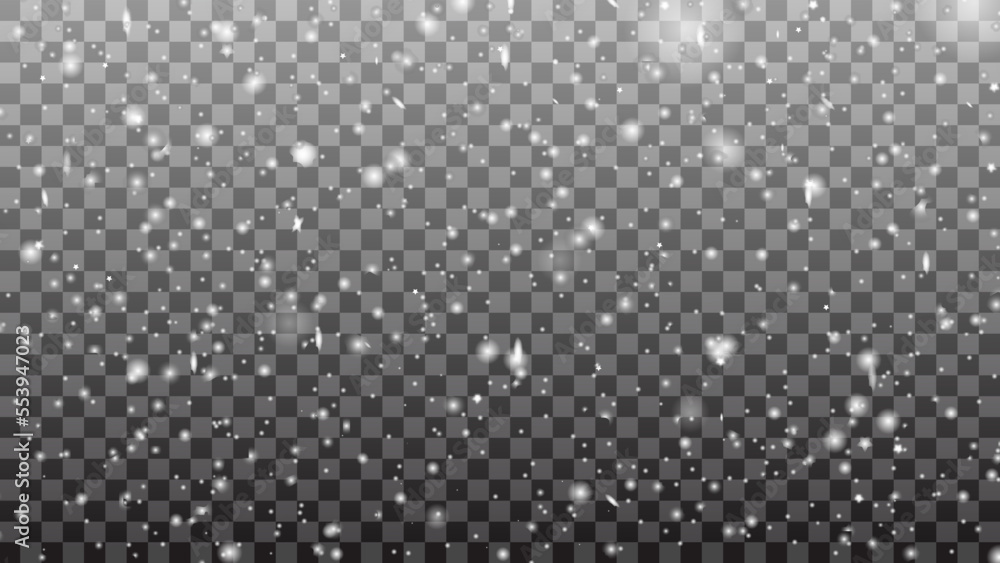 White particles or snow falling vector background, sparkling snowfall of glittering white snowflakes. Vector glowing glitter particles abstract pattern transparent background White particles or snow falling vector background, sparkling snowfall of glittering white snowflakes. Vector glowing glitter particles abstract pattern transparent background