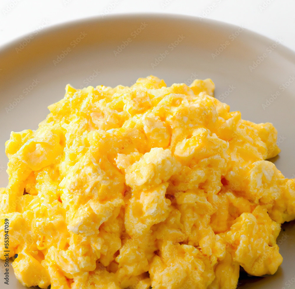 Image of close up of fresh scrambled eggs on white plate created using Generative AI technology Image of close up of fresh scrambled eggs on white plate created using Generative AI technology