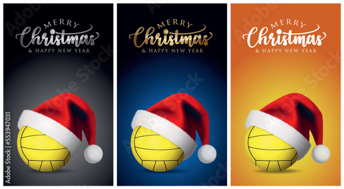 Christmas Water polo or Volleyball ball and Santa Claus Hat - Merry christmas Sports Greeting Card - vector design illustration on Backgrounds