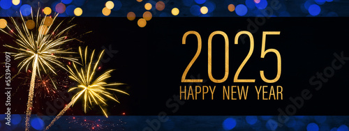 2025 Happy New Year holiday Greeting Card banner panorama - Golden year and text, firework fireworks pyrotechnics in the dark night