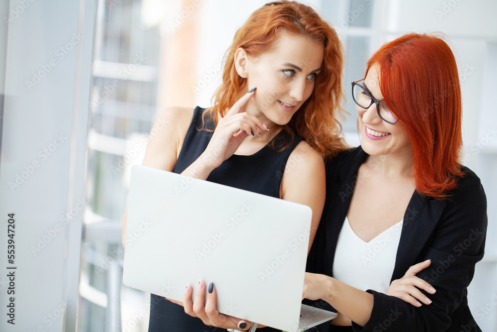 Two red-haired woman work together in the modern office Two red-haired woman work together in the modern office