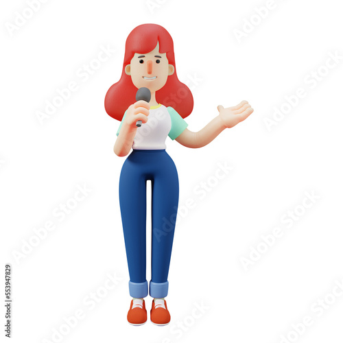 3D illustration. Cool 3D Cute Girl Cartoon Character talking in microphone. with an elegant appearance. showing a friendly smile. 3D Cartoon Character