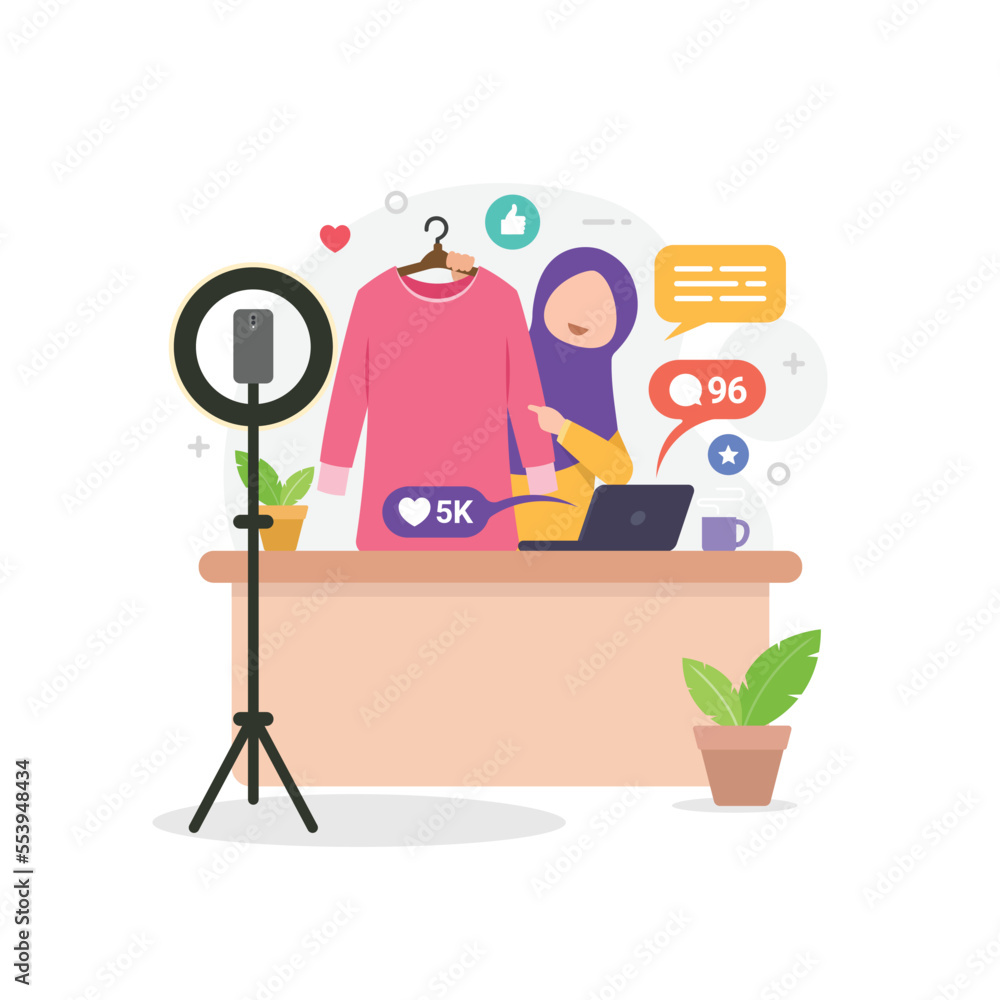 Selling product on live stream. Woman review or selling her product through live streaming. influencer marketing and live streaming e-commerce concept vector illustration