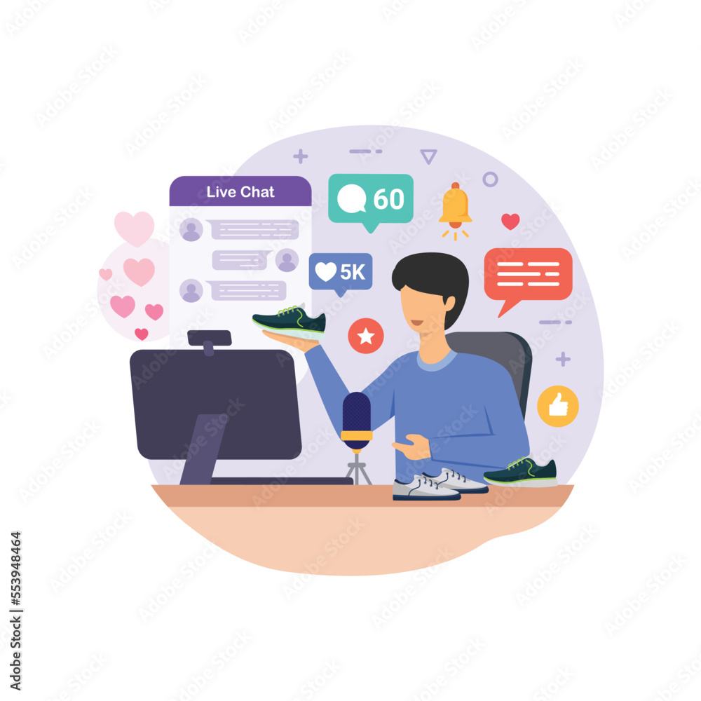 Selling product on live stream. Men review or selling her product through live streaming. influencer marketing and live streaming e-commerce concept vector illustration Selling product on live stream. Men review or selling her product through live streaming. influencer marketing and live streaming e-commerce concept vector illustration