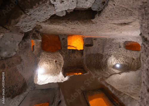 interior of an underground ancient city in Turkey in the Cappadocia region.