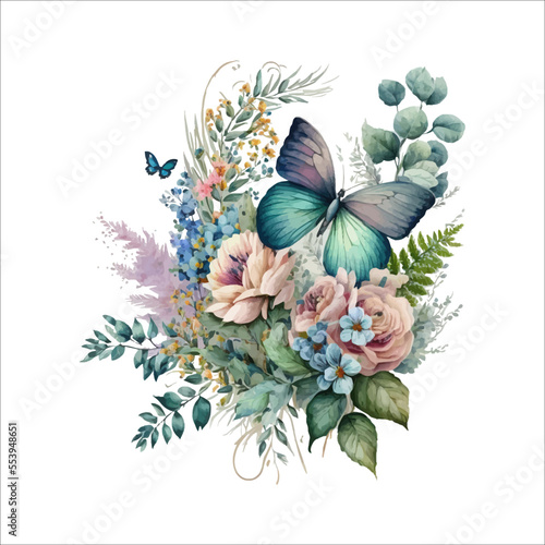 Watercolor floral bouquet - illustration with butterfly, blush pink blue yellow vivid flowers. Decorative elements template. Flat cartoon illustration isolated on white background