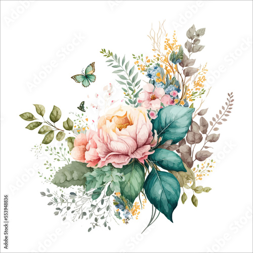 Watercolor floral bouquet - illustration with butterfly, blush pink blue yellow vivid flowers. Decorative elements template. Flat cartoon illustration isolated on white background