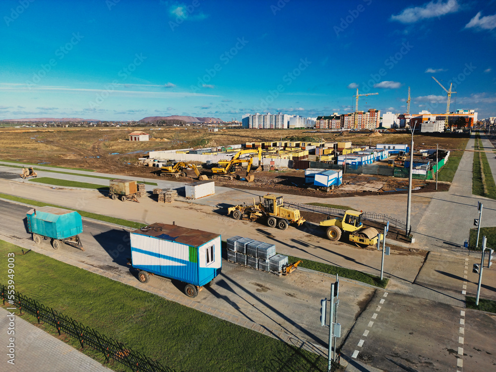 Heavy construction equipment for earthworks. Road renewal process, construction work. view from above. drone photography. Heavy construction equipment for earthworks. Road renewal process, construction work. view from above. drone photography.