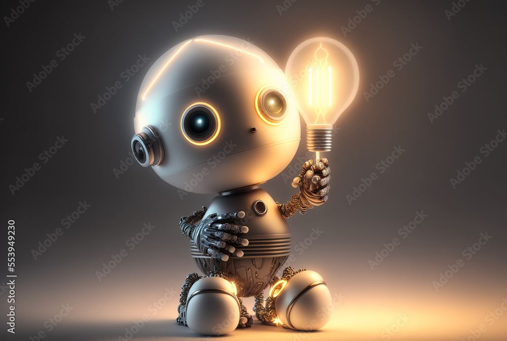 cute artificial intelligence helper robot with a light bulb concept. Generative AI