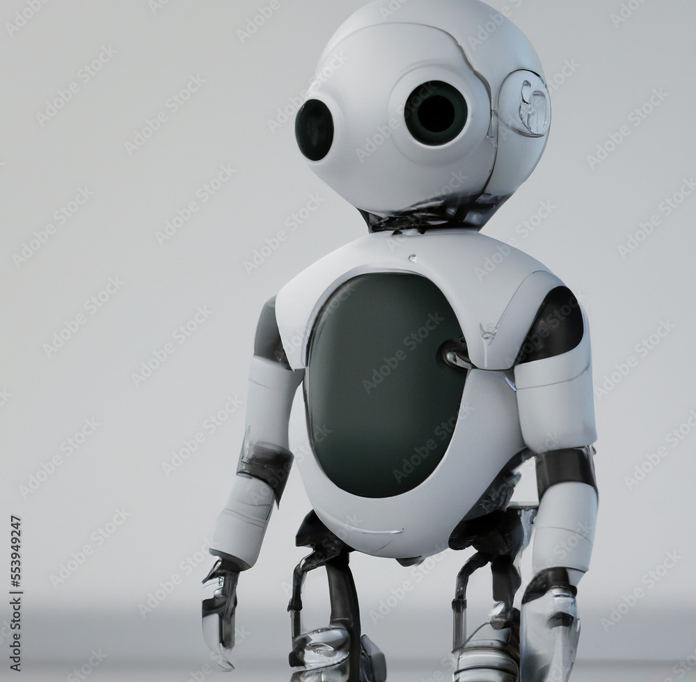 Side view of white robot with copy space on grey background created using Generative AI technology Side view of white robot with copy space on grey background created using Generative AI technology